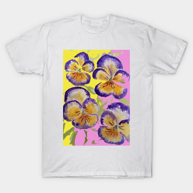 Viola Watercolor Purple Floral Pattern on Yellow and Pink T-Shirt by SarahRajkotwala